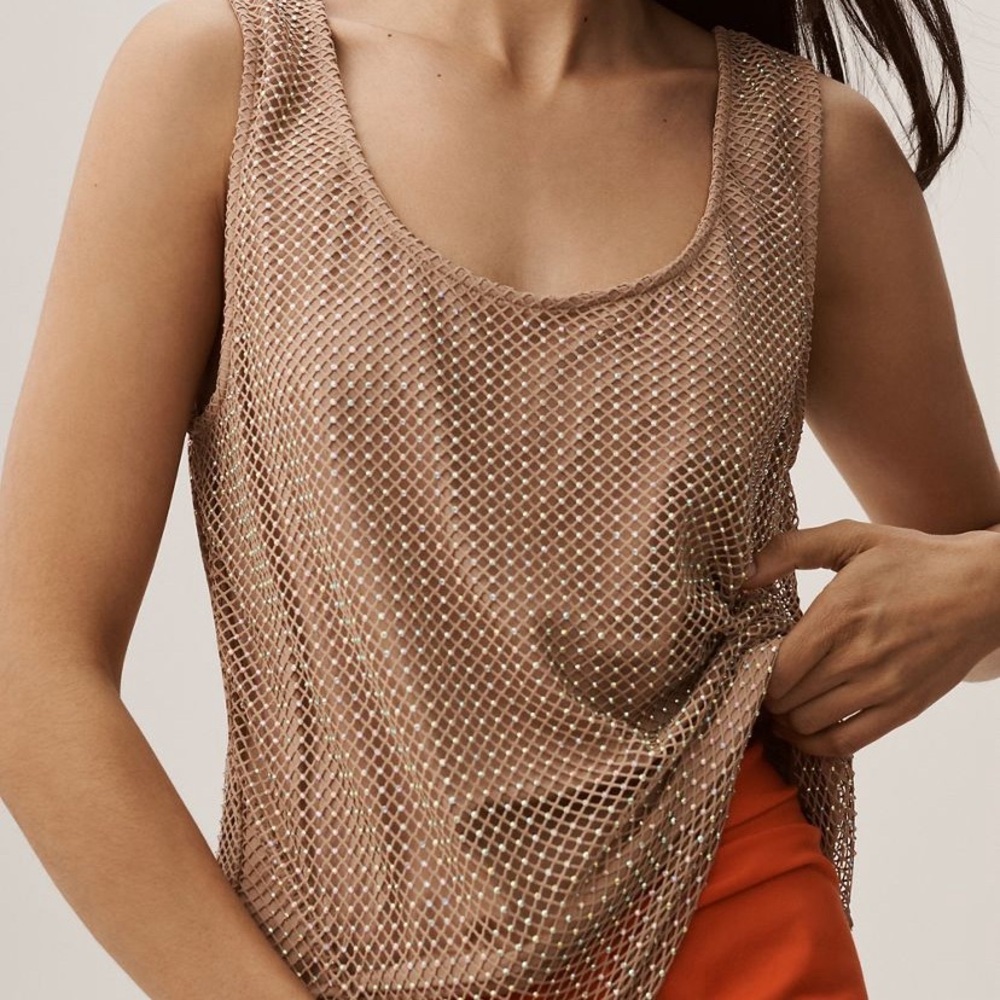 Sunday in Brooklyn Mesh Overlay Tank Top – Nude/Champagne